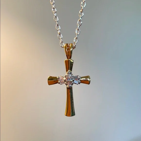 Vintage Gold and Silver Cross Pendant Necklace with CZ - Picture 4 of 6